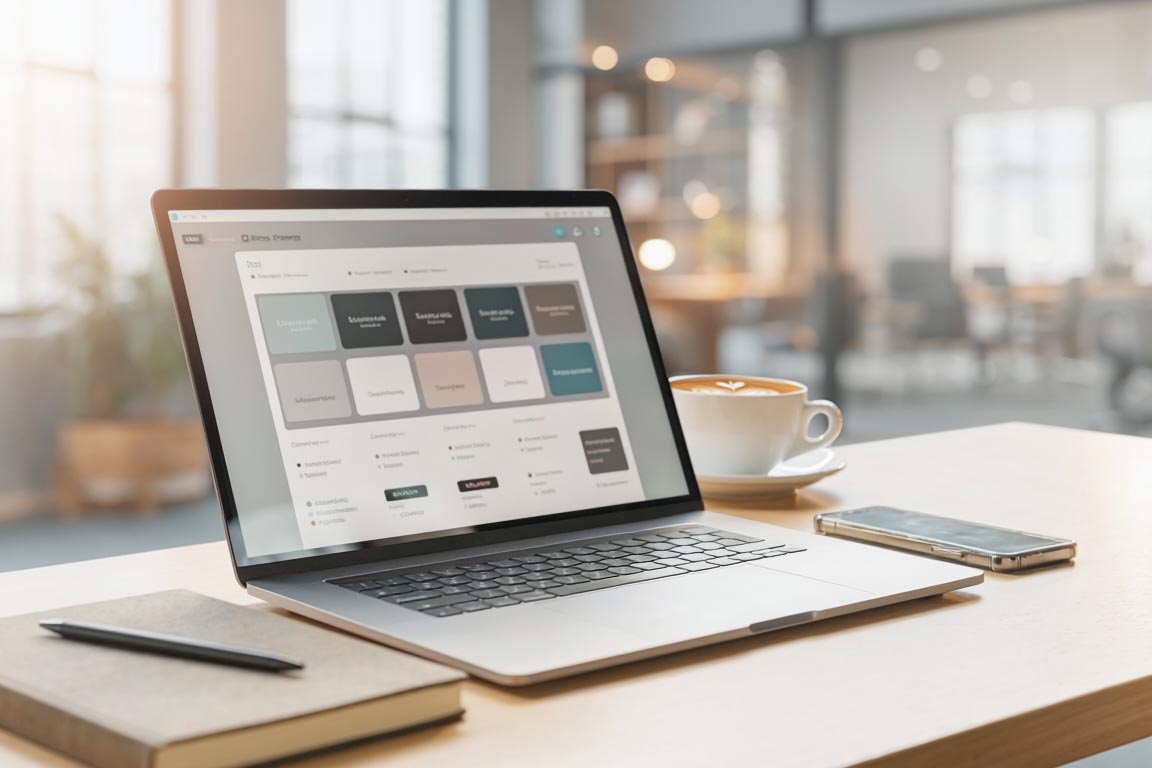 Profesjonalny laptop na biurku pokazujący nowoczesną stronę internetową, kontekst biznesowy i web design